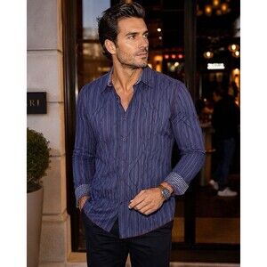 Bugatchi Shirt Mens Large Blue Striped Shaped Fit‎ Long Sleeve Flip Cuffs